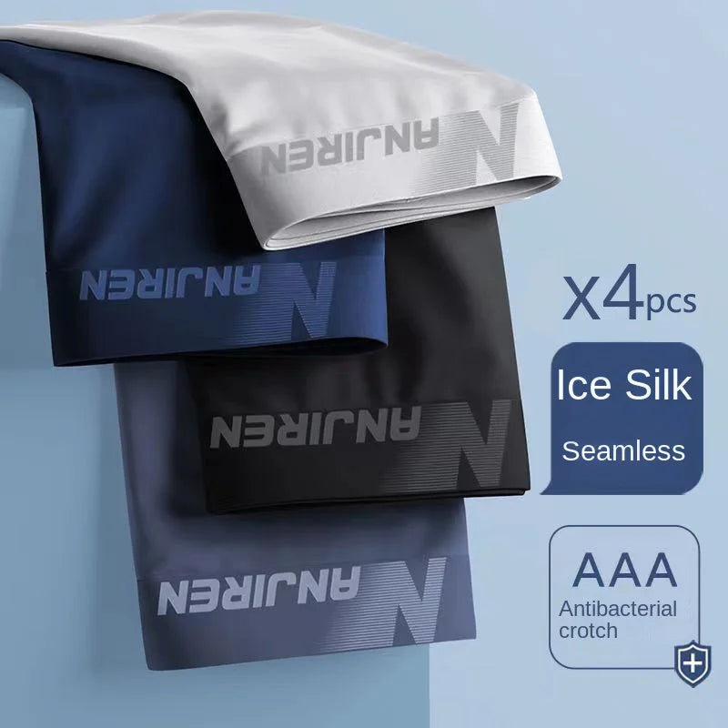 4pcs Boxer Shorts Men's Ice Silk Underwear Cool Underpants Breathable Sexy Thin U Convex Lingerie