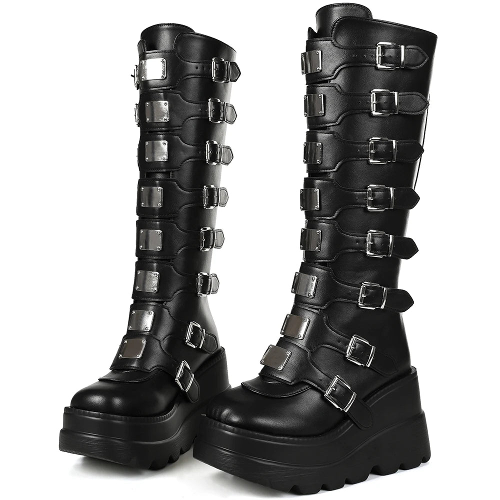 Goth Metal Buckle Combat Mid-Calf Boots For Women Round Toe Platform Chunky High Wedges