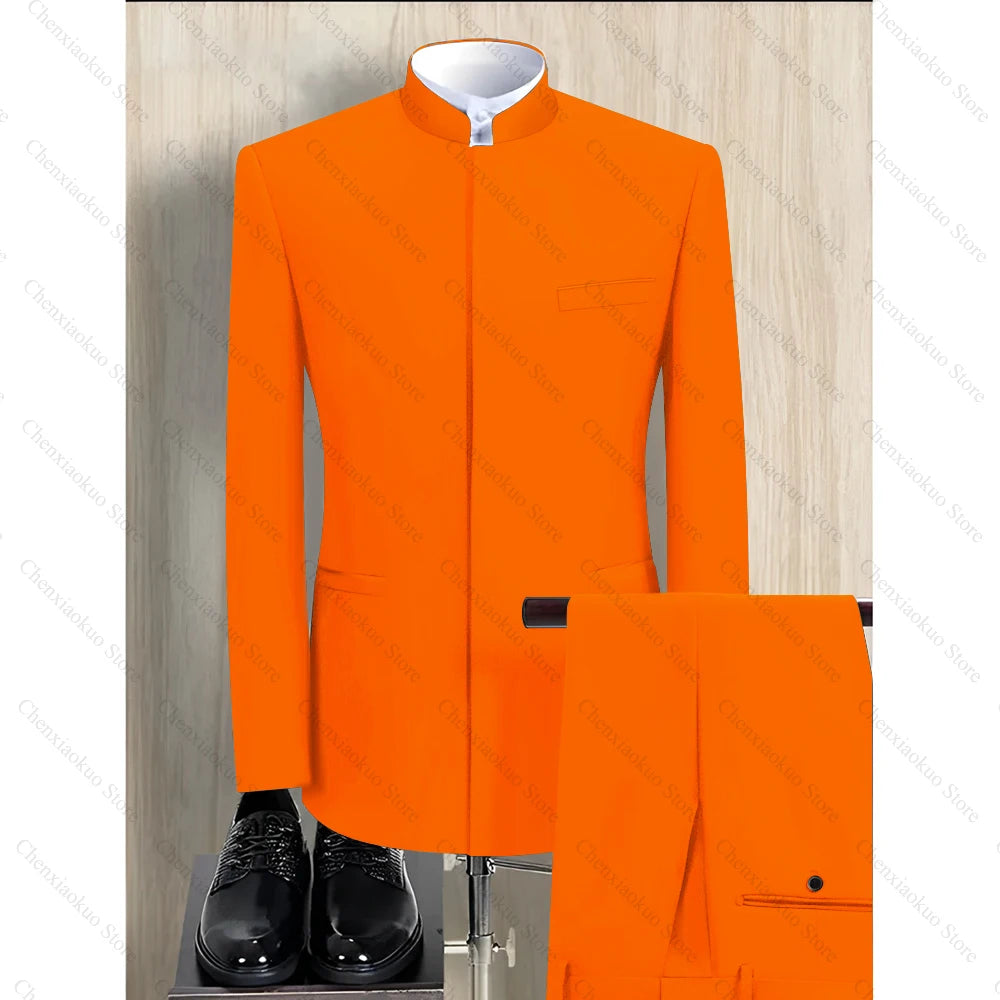 Fashion Solid Men Suits 2 Piece Stand Collar Long Sleeves Formal Outfits Chic Business Casual Wedding Tuxedo (Blazer+Pants)