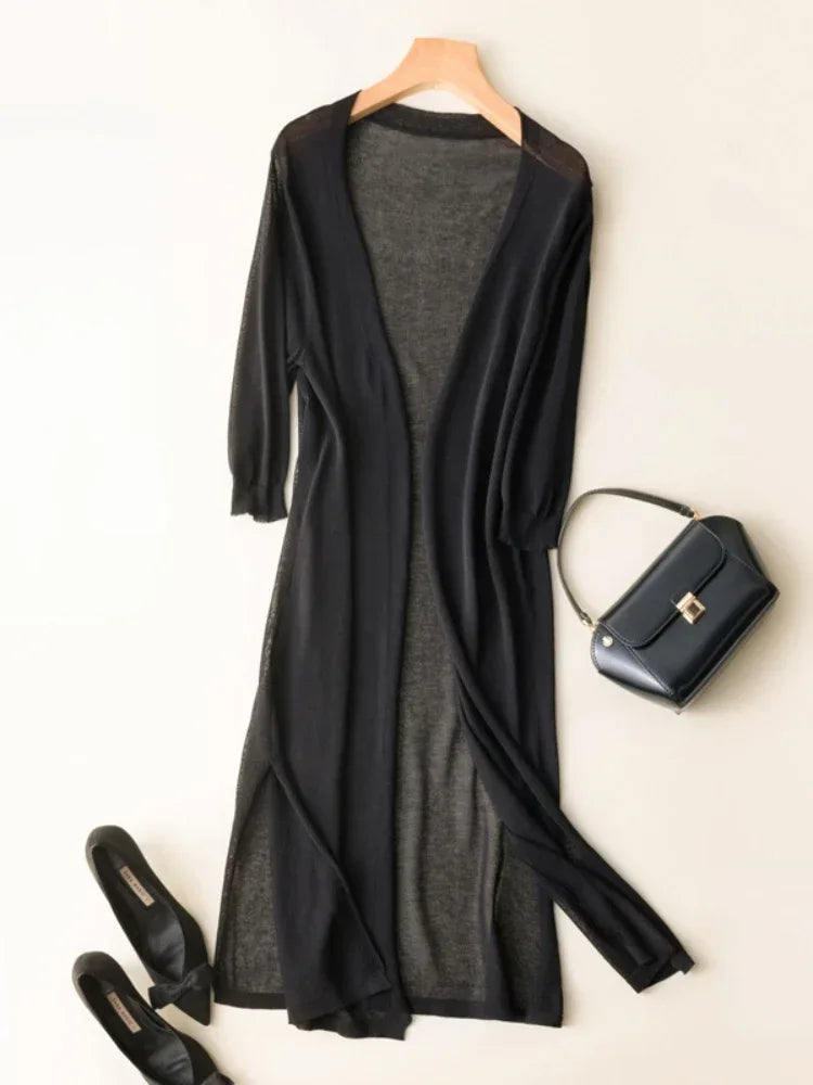 Summer Knit Long Sleeve Elegant Jacket Hollow Cardigan Thin Ice Silk Sun Protection Shirt Vacation Coat for Women