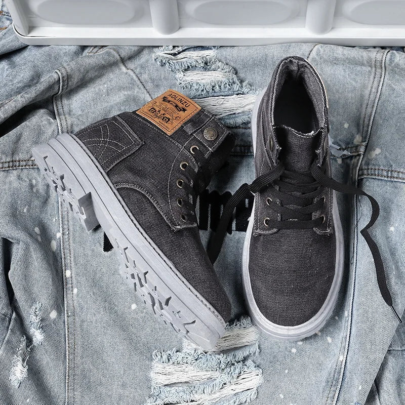 Retro Canvas Boots for Men Trendy Working Shoes High Top Men Ankle Boots Outdoor Street Style Platform Boots