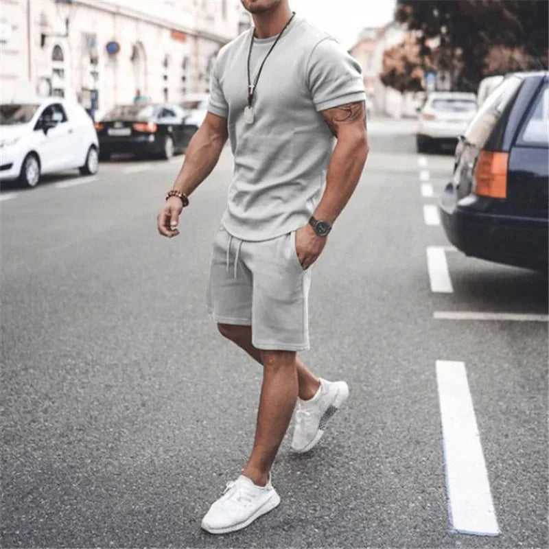 Solid Color Europe and The United States Men's  Summer  Short Sleeve T-shirt  +Shorts 2pcs Set Leisure Sports Men Suit