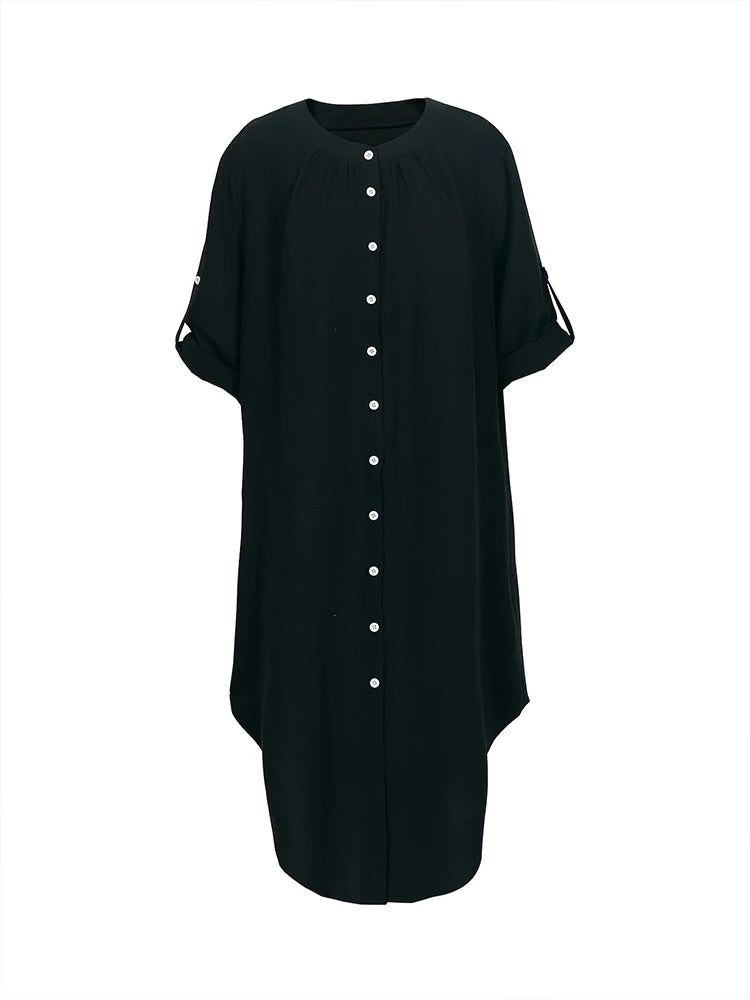 Plus Size Women's Single Row Buttons Dress Solid Color Casual Loose Long Dress Polyester Material