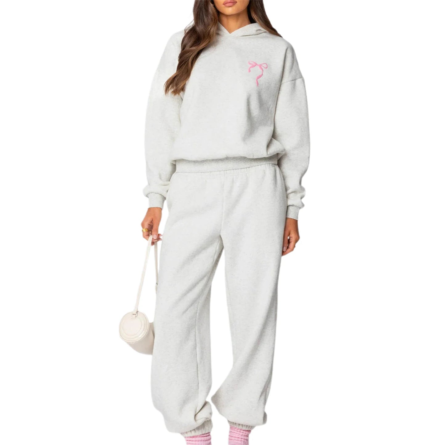 Women s 2 Piece Stylish Outfits Long Sleeve Bow Embroidered Sweatshirt Solid Color Jogger Pants Sets for Casual Wear