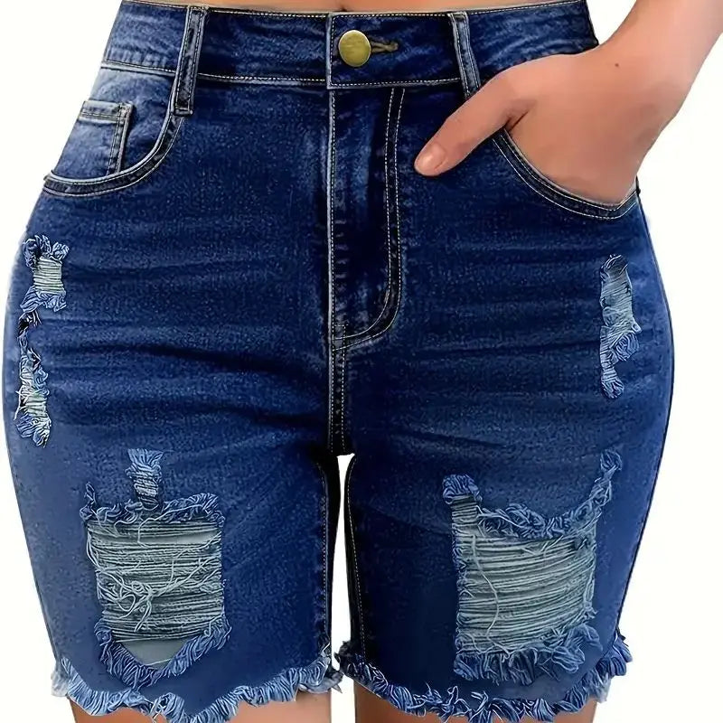 Women High-waisted Denim Shorts, Raw Hem Ripped Denim Shorts, Casual Summer Chic Dark Blue