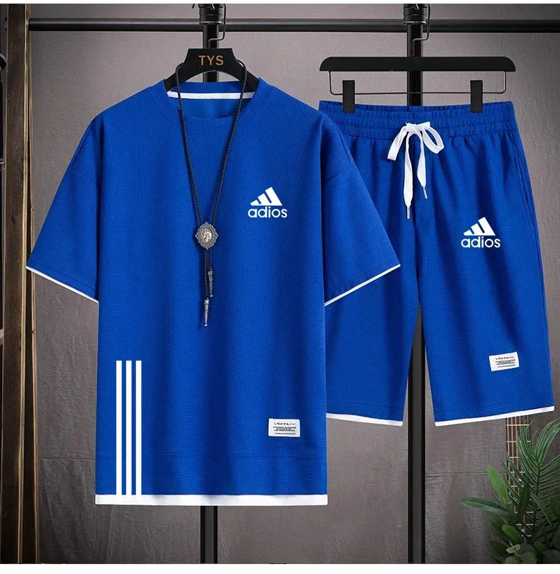 Fashionable casual trend men's sport suit short-sleeved T-shirt and outdoor summer sport shorts two-piece size M-3XL