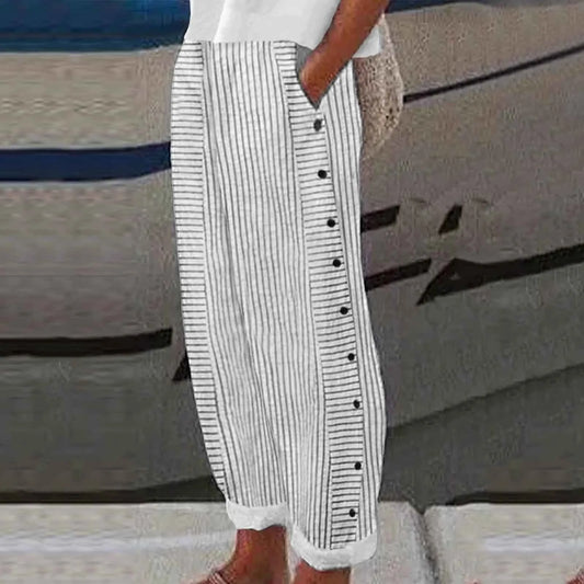 Long Linen Pants Women's Summer Fashion Striped Print Button Casual Versatile Loose High Waist  Dress Pants