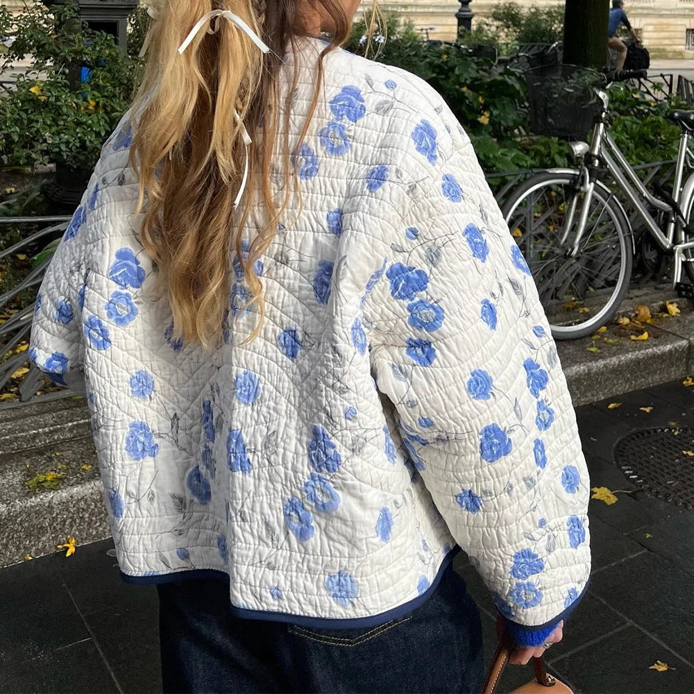 Floral Print Pocket Cardigan Quilted Jacket Elegant High Street Outerwear