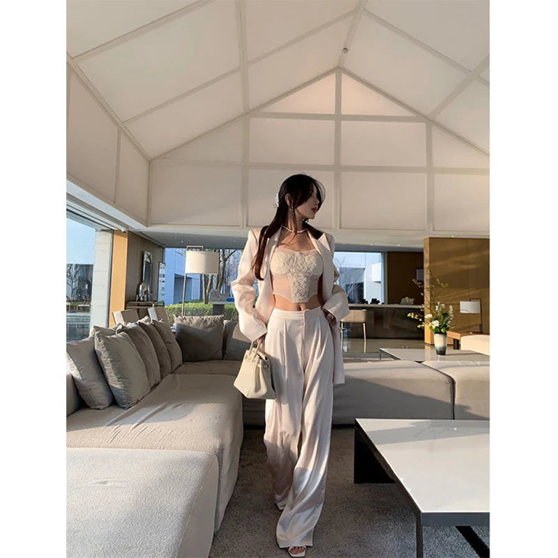 Satin Wide Leg  High Waist   Baggy Straight Trousers