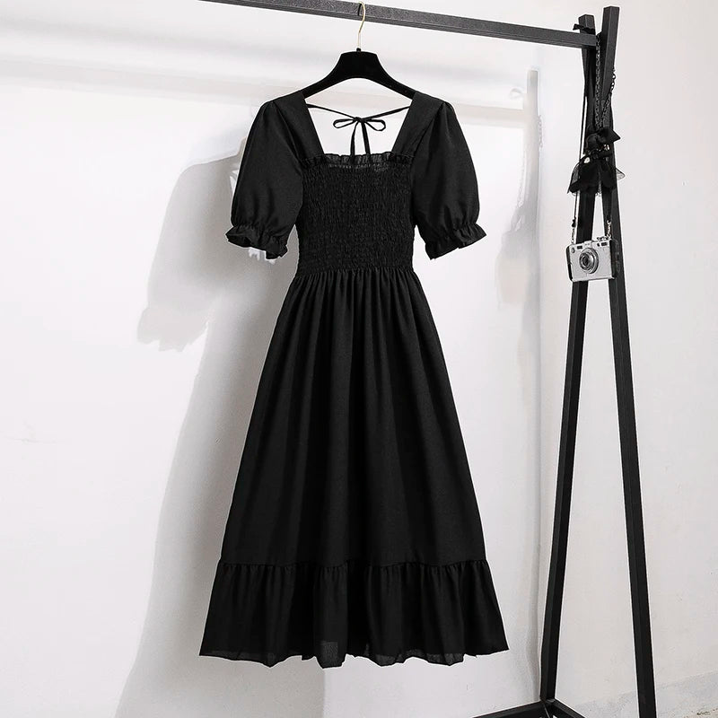 Chiffon Dresses Fashion Female Elastic Waist Short Sleeve Pleated Casual Dress Women A-line Dresses
