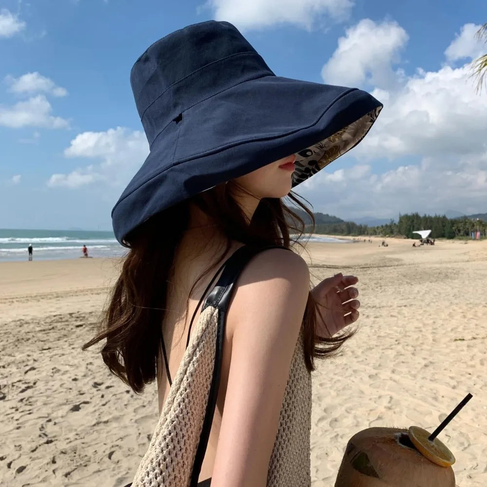Women Wide Brim Summer Sun Hat Wired Edge Beach Bucket Fishing Hats Reversible Foldable Travel UV Protection