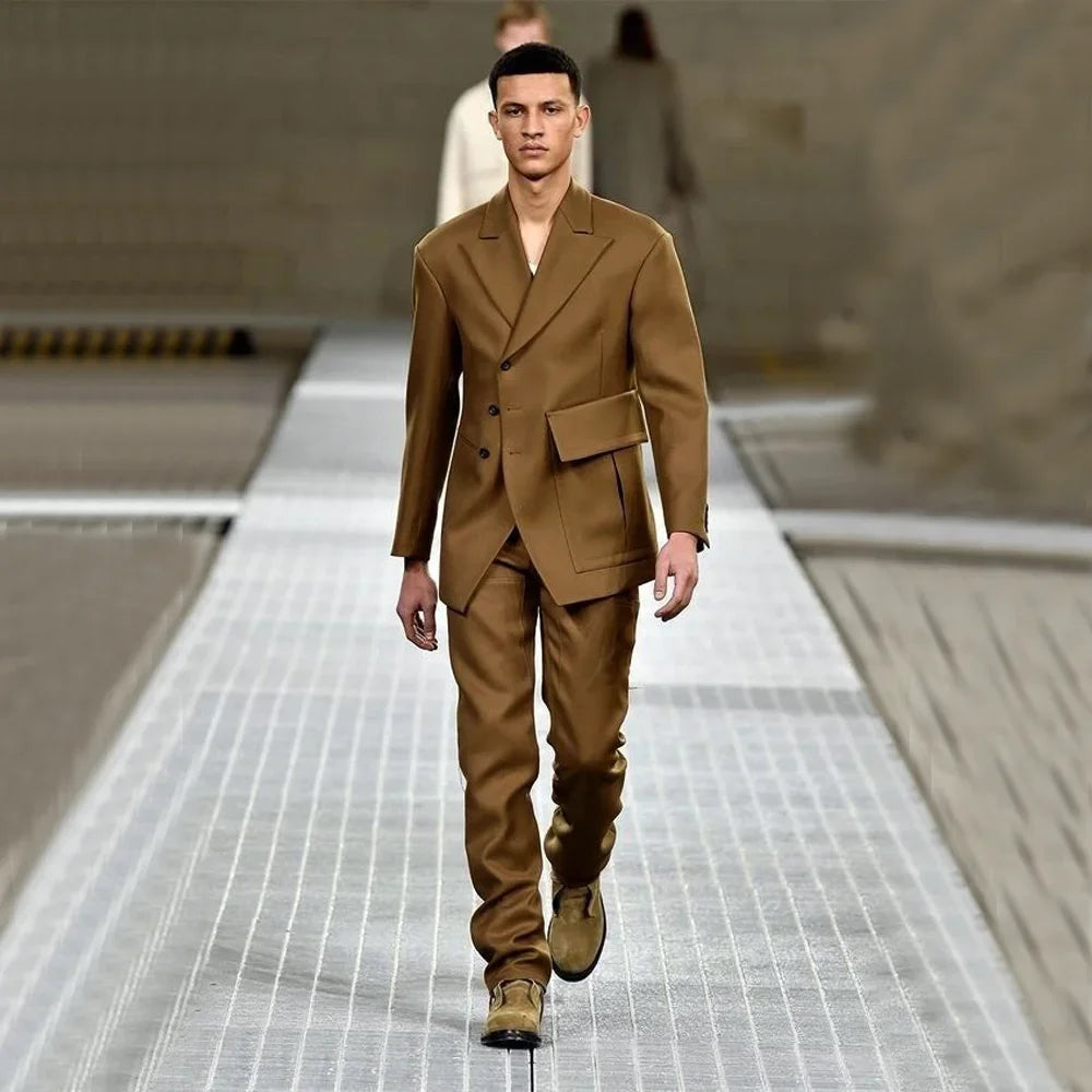 Latest Design Houndstooth Jacket Men‘s Suit Set Brown Pant Peaked Lapel Double Breasted Blazer