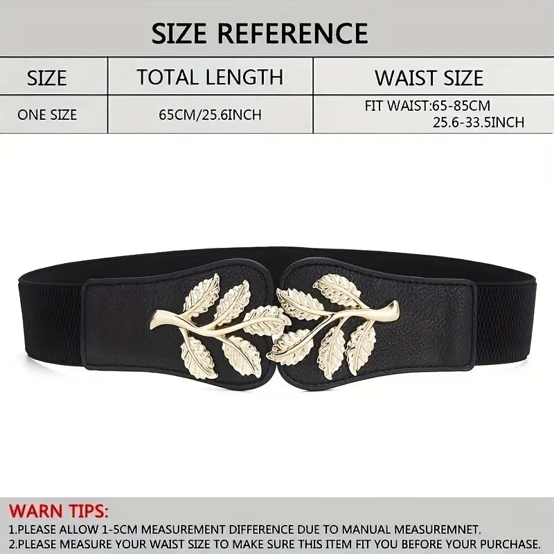 Women's Belt Fashion Waist Cover Golden Leaf Elastic Waist Closure With Double Hook Buckle Wide Belts Paired With Skirt