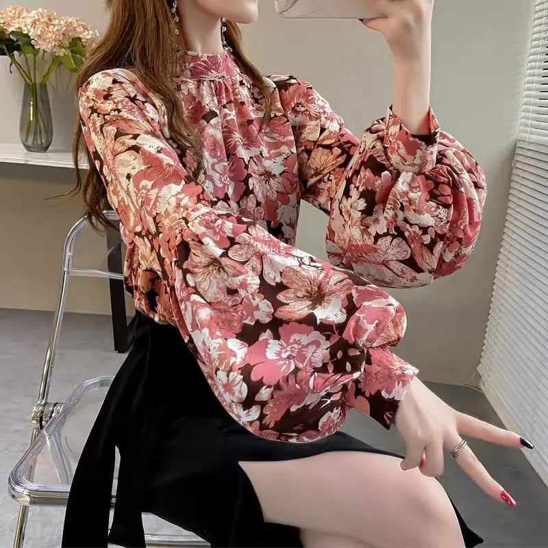 Floral Printed Lantern Sleeve Blouse Spring Autumn