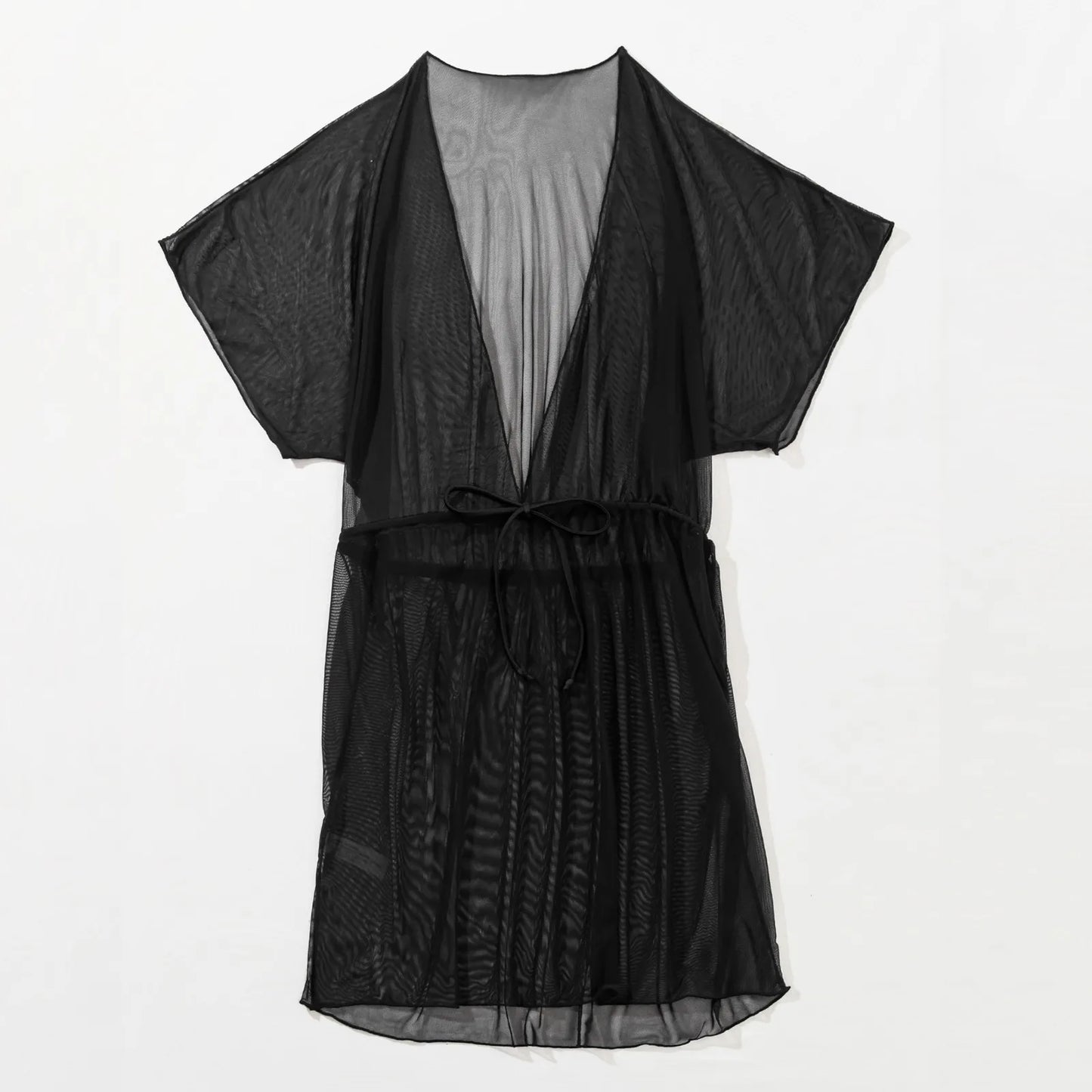 V-neck Mesh Tie Up Women Swimsuit Cover Up Drawstring Beach Tunic Dress