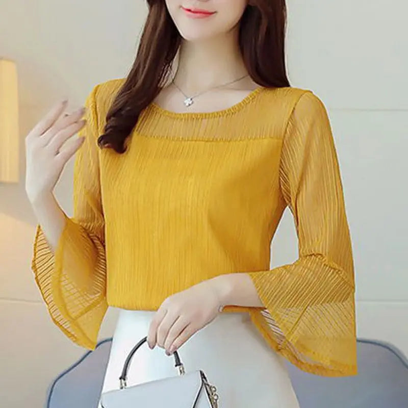 Elegant Solid Color Spliced Loose Flare Sleeve Blouse