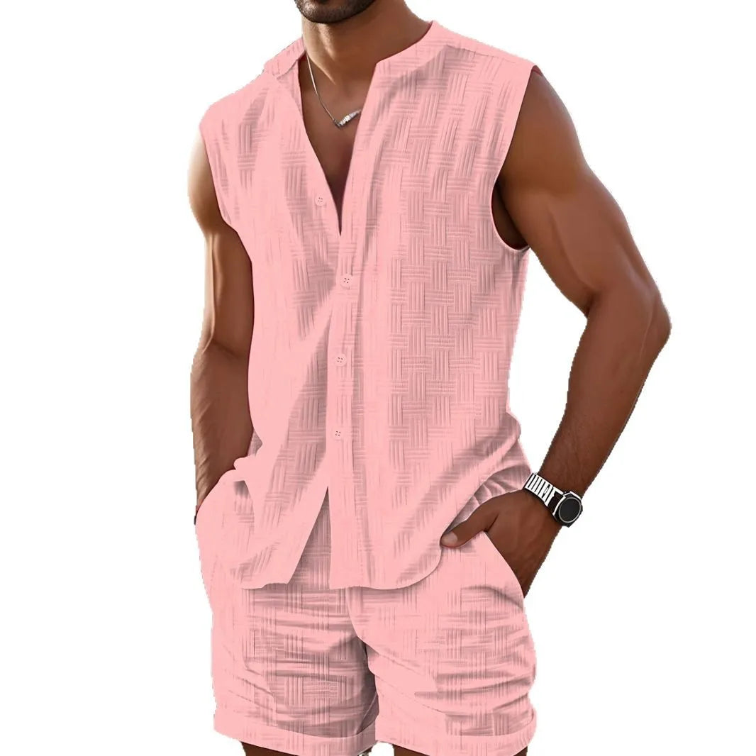European and American 2pcs vest shirt shorts fashionable casual set loose sleeveless top sports beach shorts summer men