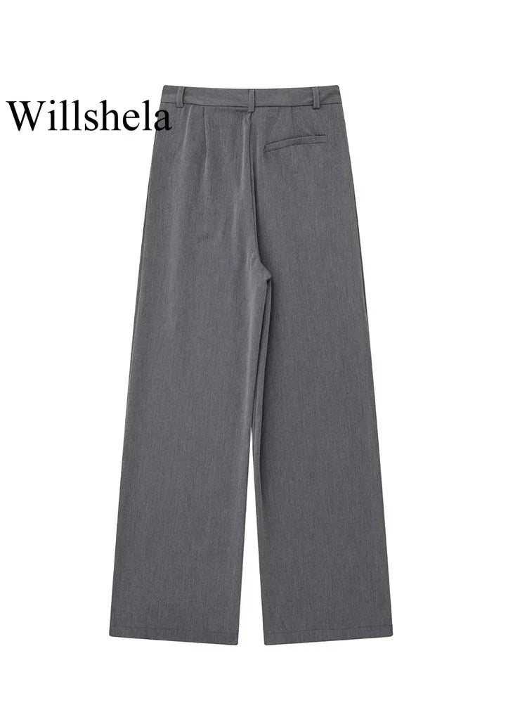 Women's Fashion Solid Front Zipper Straight Pants Vintage High Waist Full Length Female Chic Lady Trousers