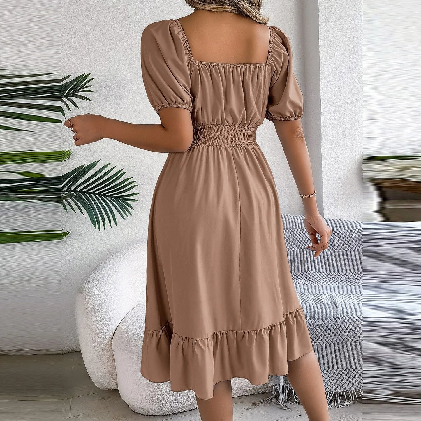 Elegant Women Spring Summer Dress Square Neck Puff Sleeve A Line  Square Neck Tie Waist Ruched Casual Solid Midi Dress