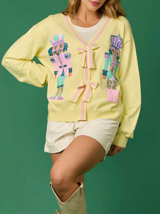 Women s Festive Print Long Sleeve Button Down Knit Cardigan Sweater with Sequin Detail and V Neckline