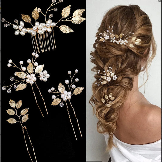 Pearl Flower Hair Comb  Wedding Hairpin Alloy Leaf  Shaped Hair Clips Floral Headpiece Bridal Hair Jewelry Accessories