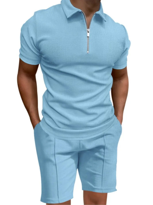 Cross border men's polo shirt set solid color waffle short sleeve slim lapel t-shirt casual men's shorts set