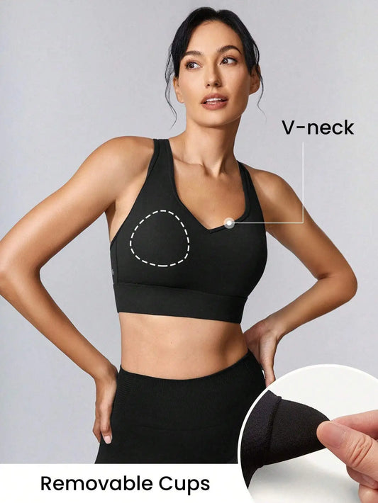 FeatherFit™-Sculpt V Neck Racerback Sports Bra  Medium Support Workout