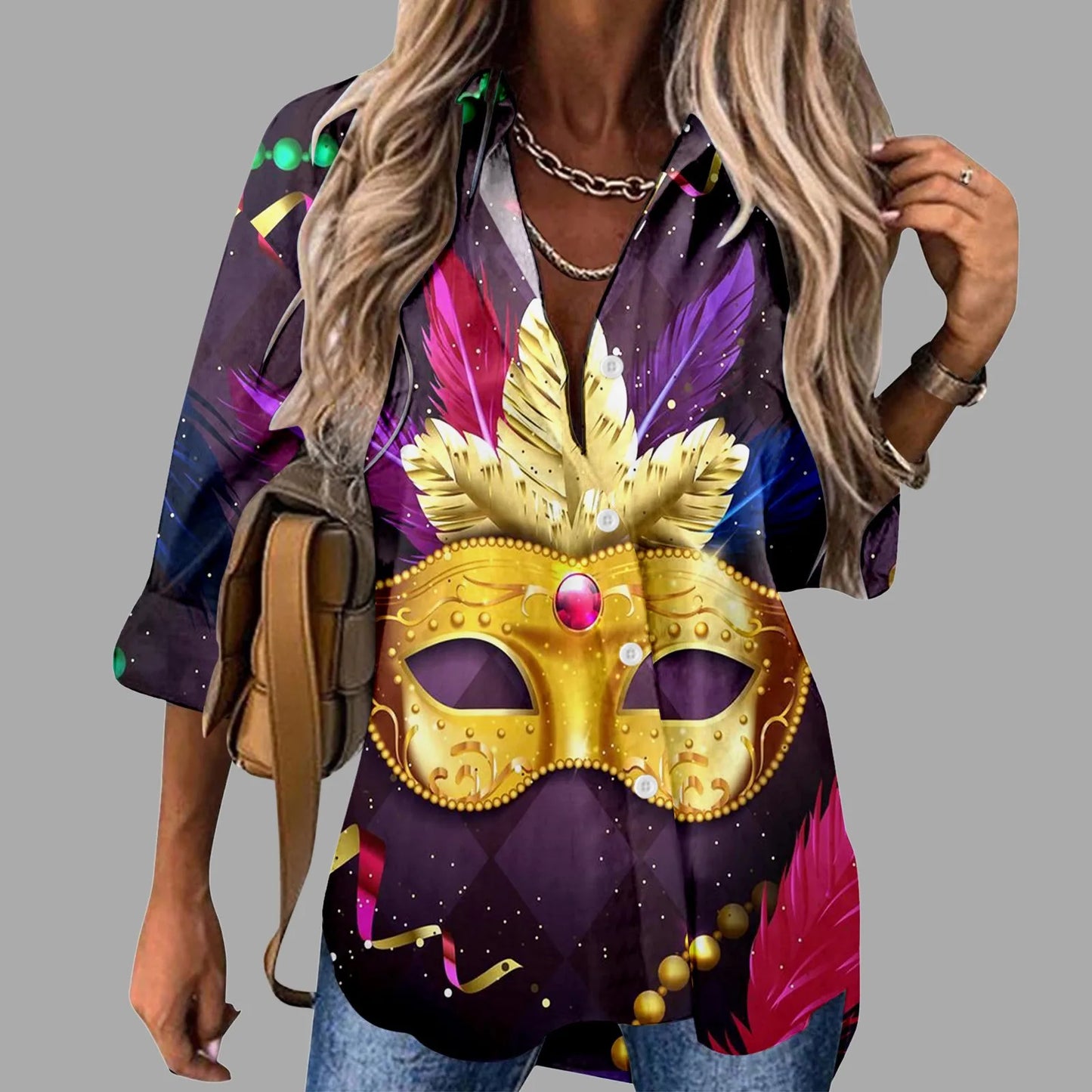 Mardi Gras Women V Neck Shirts Button Long Sleeve Carnival Print Tops Female Blouses Loose