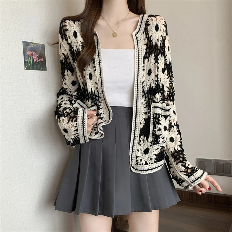 Daisy Crochet Cardigan for Women Openwork Long Sleeve Open Front Knitted Jacket Vintage Festival Outfit