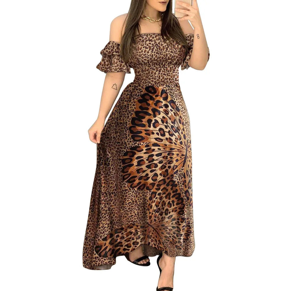 Maxi Dress with Ruffled Off-Shoulder Design and Chic Leopard Print Pattern