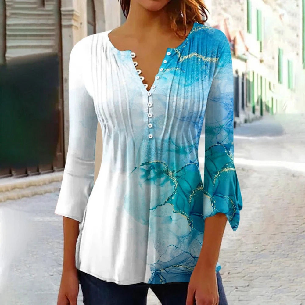 Summer Street Fashion Button-Down T-Shirt Loose Women'S Comfortable Clothing Shirt 3d Printed Trend Seven-Quarter Sleeve Top