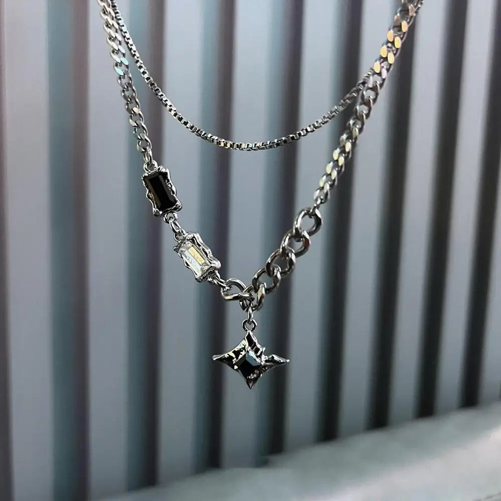 Zircon Double Layer Necklace For Men Women Trend Charm Titanium Steel Pendant Chain Unisex Jewelry