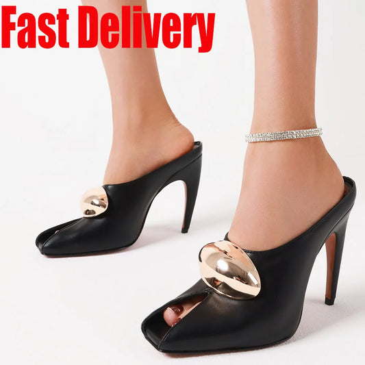 High Heel Shoes Metal Design Open-Toe Thin Heel Pumps Shoes