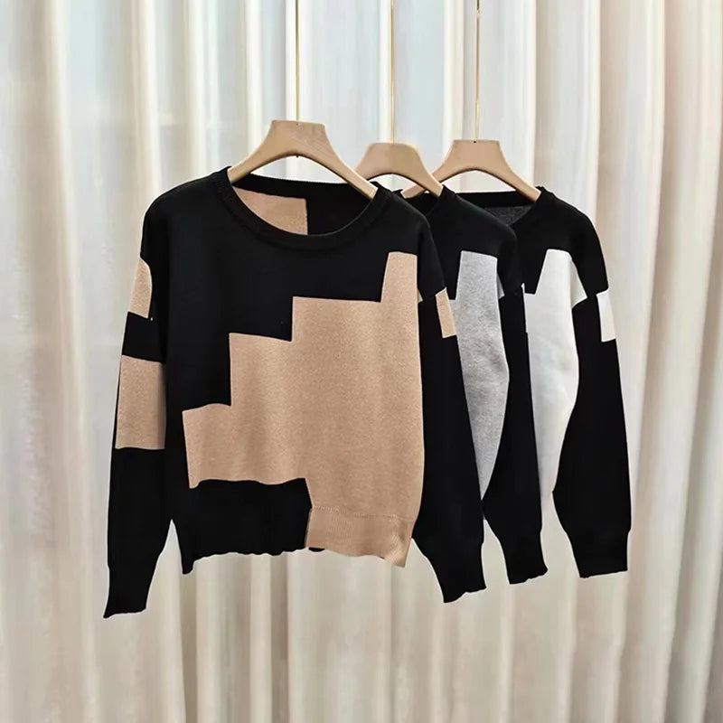 Women Patchwork Knit Warm Sweater Cashmere Long Sleeve Thermal Pullovers O-Neck Casual Loose Sweater Women Autumn Winter