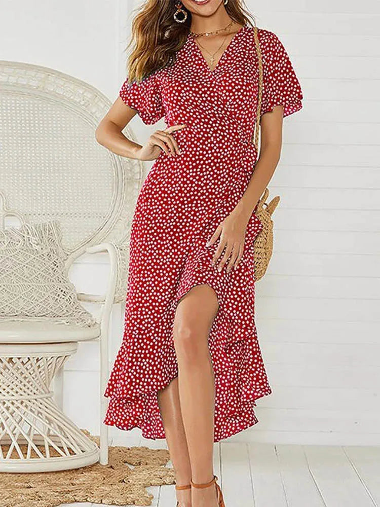Summer Beach Maxi Dress Women's Floral Print Boho Long Chiffon Dress Ruffles Wrap Casual V-Neck Split Sexy Party Dress