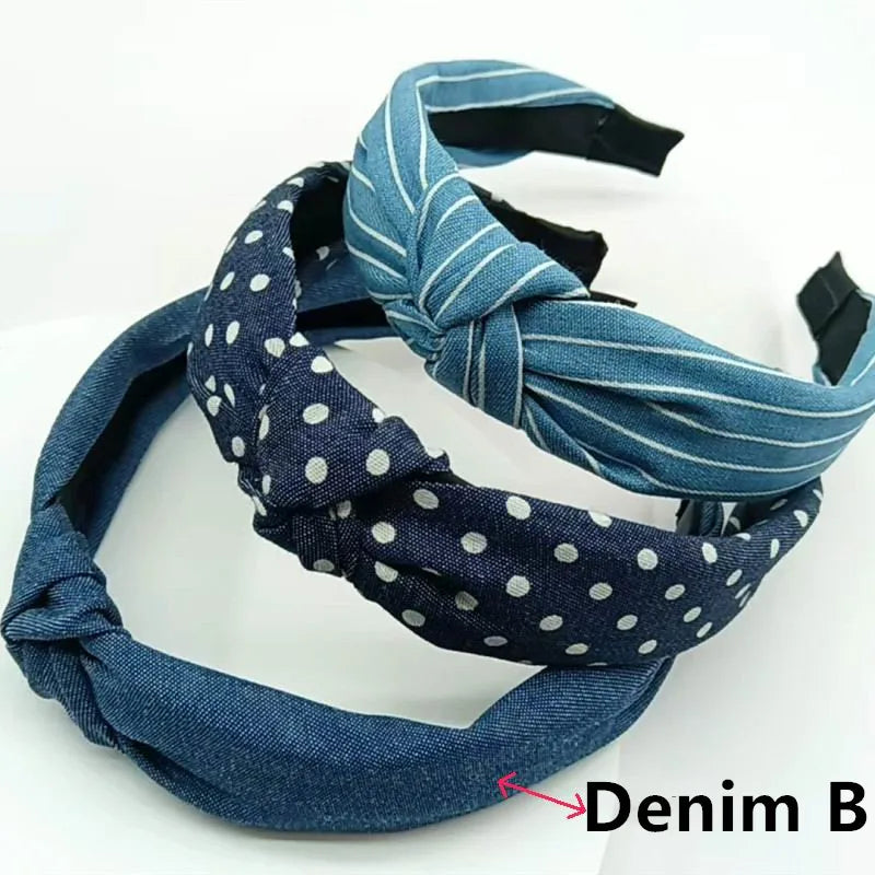 1/3pcs Knotted Print Denim Cloth Headband for Women Girls Face Wash Hair Hoop Simple Denim Headpiece