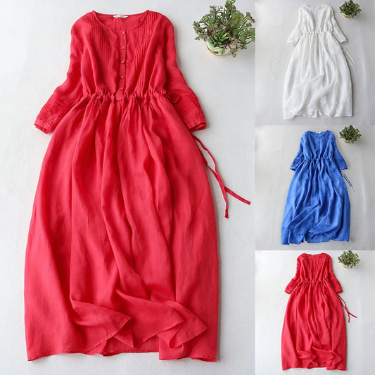 Summer Women's Loose Linen Long Dress Elegant Vintage Elastic Tunic Waist Casual Baggy Dress Female Sundress