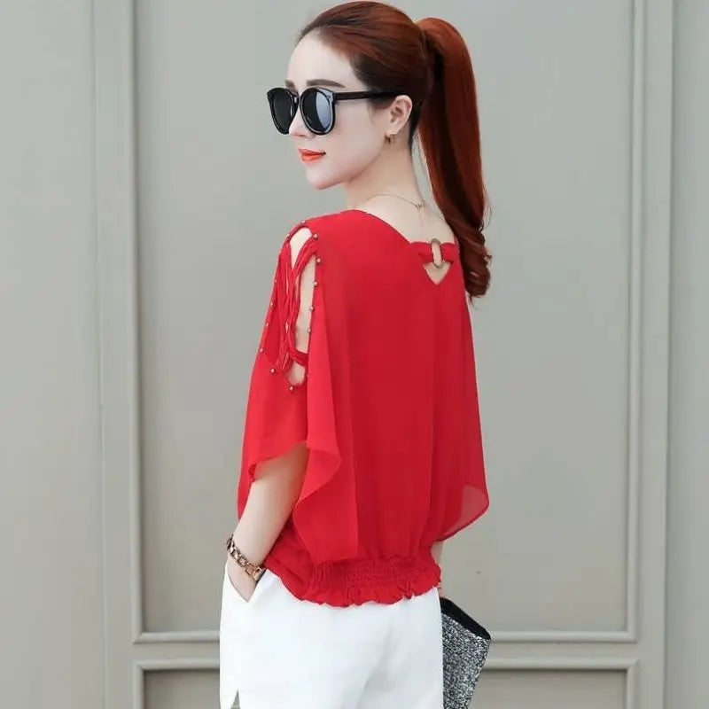 V-neck Short Sleeve Chiffon Shirt