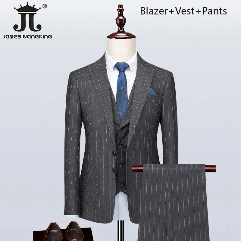 ( Blazer + Vest + Pants ) Boutique British Style Men's Suit Plaid Dress Business Casual Formal Suits 3Pcs Set