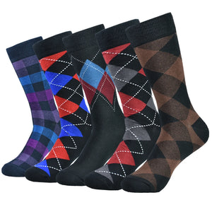 5pairs Mens Cotton Dress Black Argyle Pattern Crew Funny Socks for Men Gifts
