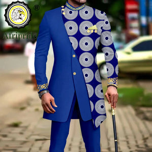 African Style Suits for Men Embroidery Print Blazer and Pants Set Business Dress Suit with Kerchief Party Wedding Evening