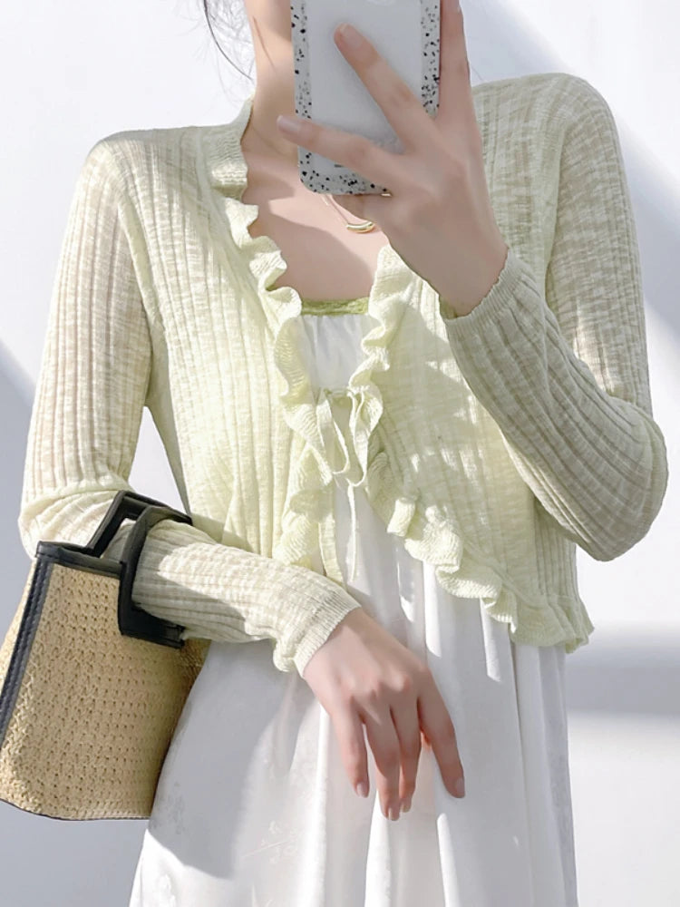 Ruffle Trim One Button Long Sleeve Crop Top Women Long Sleeve Open Front Ribbed Knit