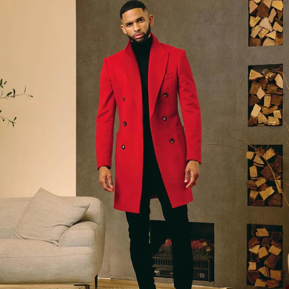 Latest Design Houndstooth Jacket Men‘s Suit Set Brown Pant Peaked Lapel Double Breasted Blazer