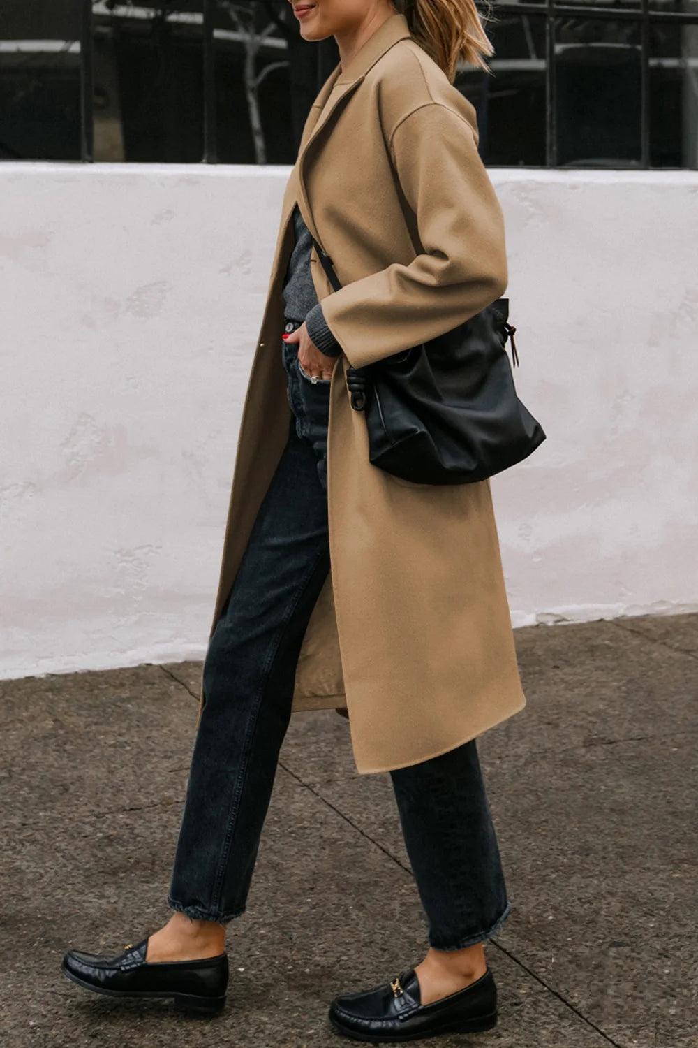 Double-breasted Trench Coat With Lapel Pockets Long Sleeves Mid Length  Casual Trench Jacket