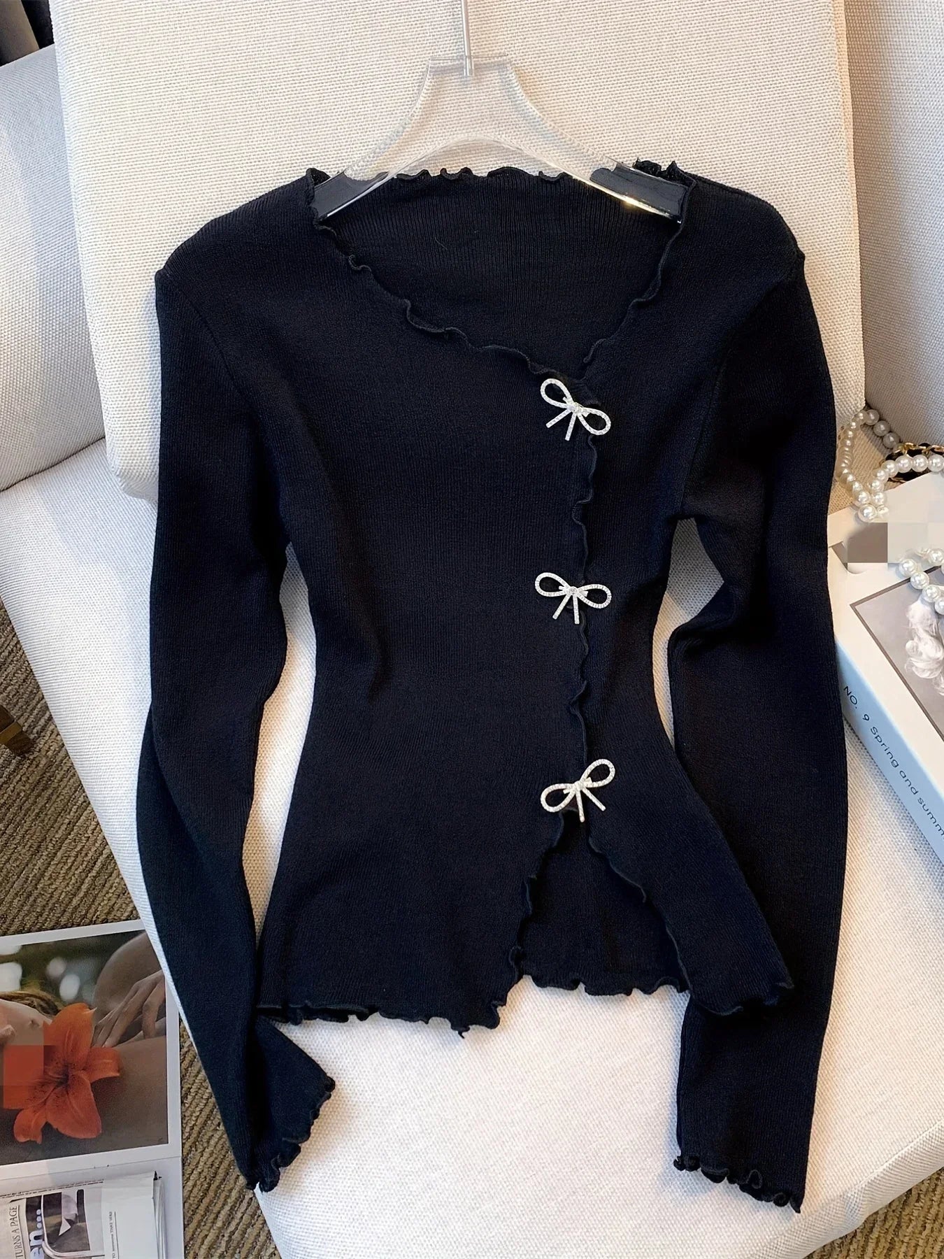 Casual Long Sleeve Sweater Solid Lettuce Trim Bowknot Pullover Sweater For Spring & Fall Women's Clothing Fashion