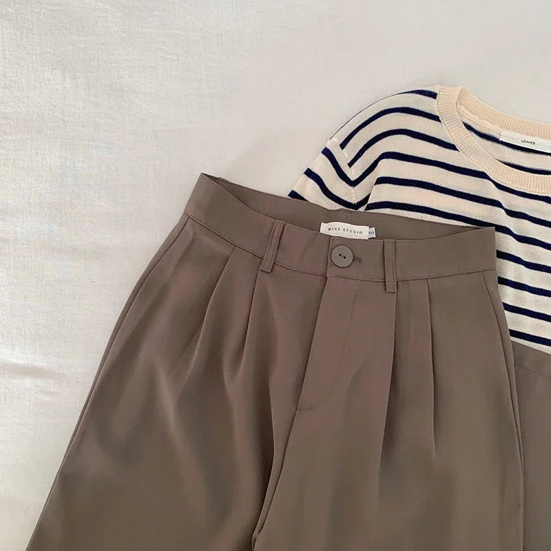 High Waist Women Suit Pants Fall Straight Office Fashion Trousers Casual Button Loose Female Pants