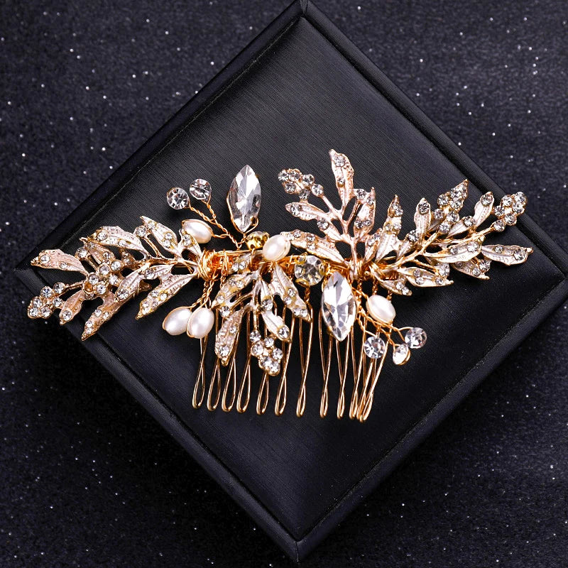 Gold Color Crystal Pearl Hair Comb Headband For Women Bride Party Bridal Wedding Hair Accessories Jewelry Comb Headband