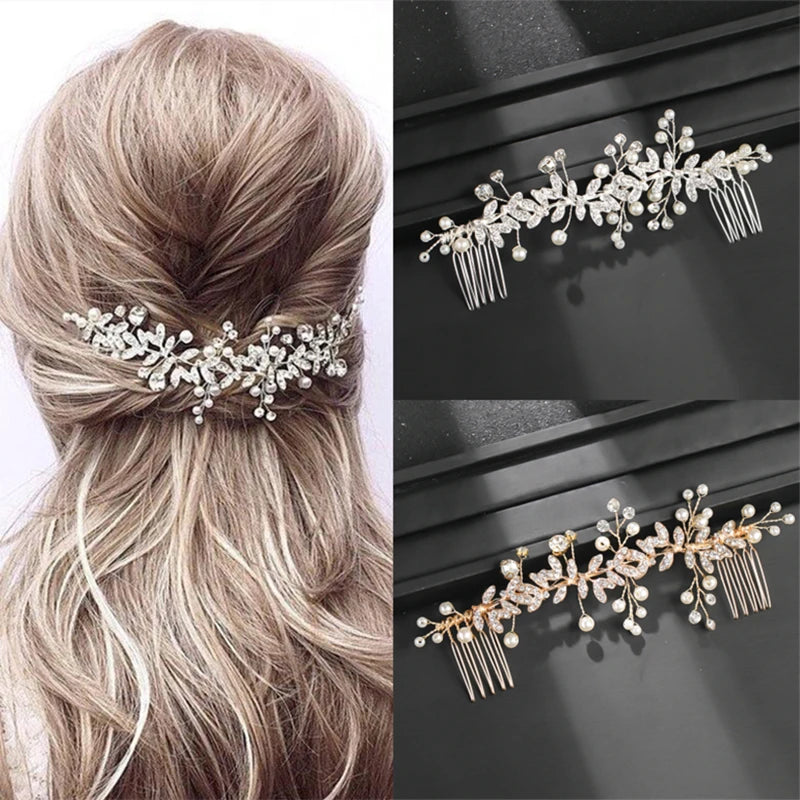 Pearl Leaf Crystal Hair Comb Hairpin Headband Tiara For Women Bride Queen Party Wedding Bridal Hair Accessories Jewelry