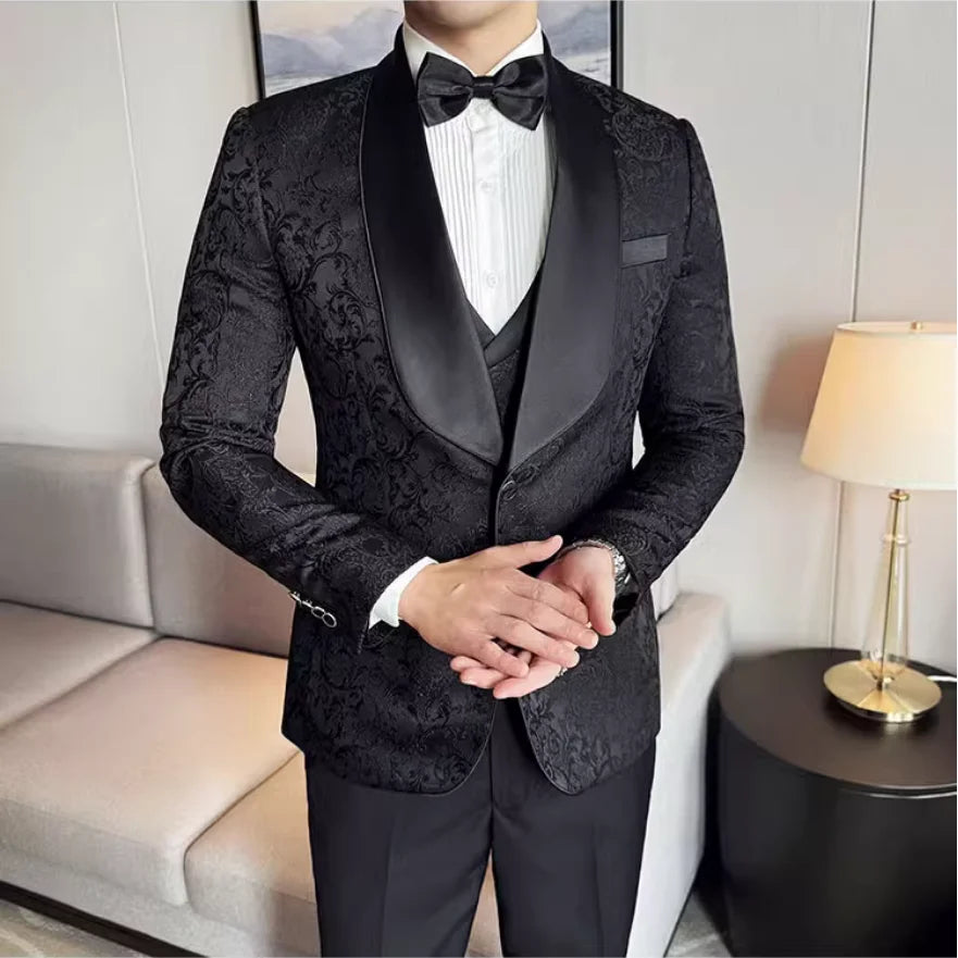 Men's British Style Business Casual Three-Piece Suit Vest Trousers High-Density Jacquard Wedding Prom