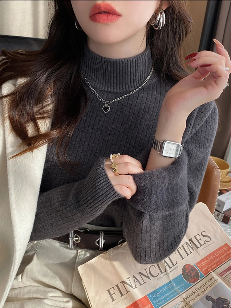 Women's Turtleneck Sweater Winter Retro Velvet Lining Thickened Inner Wear Thermal Knitting Bottoming Shirt